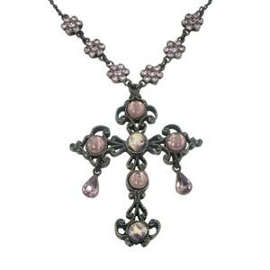 Vintage Nicky Butler Pink Moonstone Bronzetone Cross Statement Necklace in Box